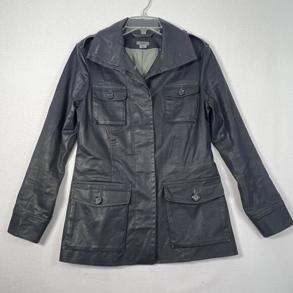M0851 Womens Waxed Cotton Short Trench Rain Jacket Black Size 6 Classy Outerwear - Picture 1 of 16